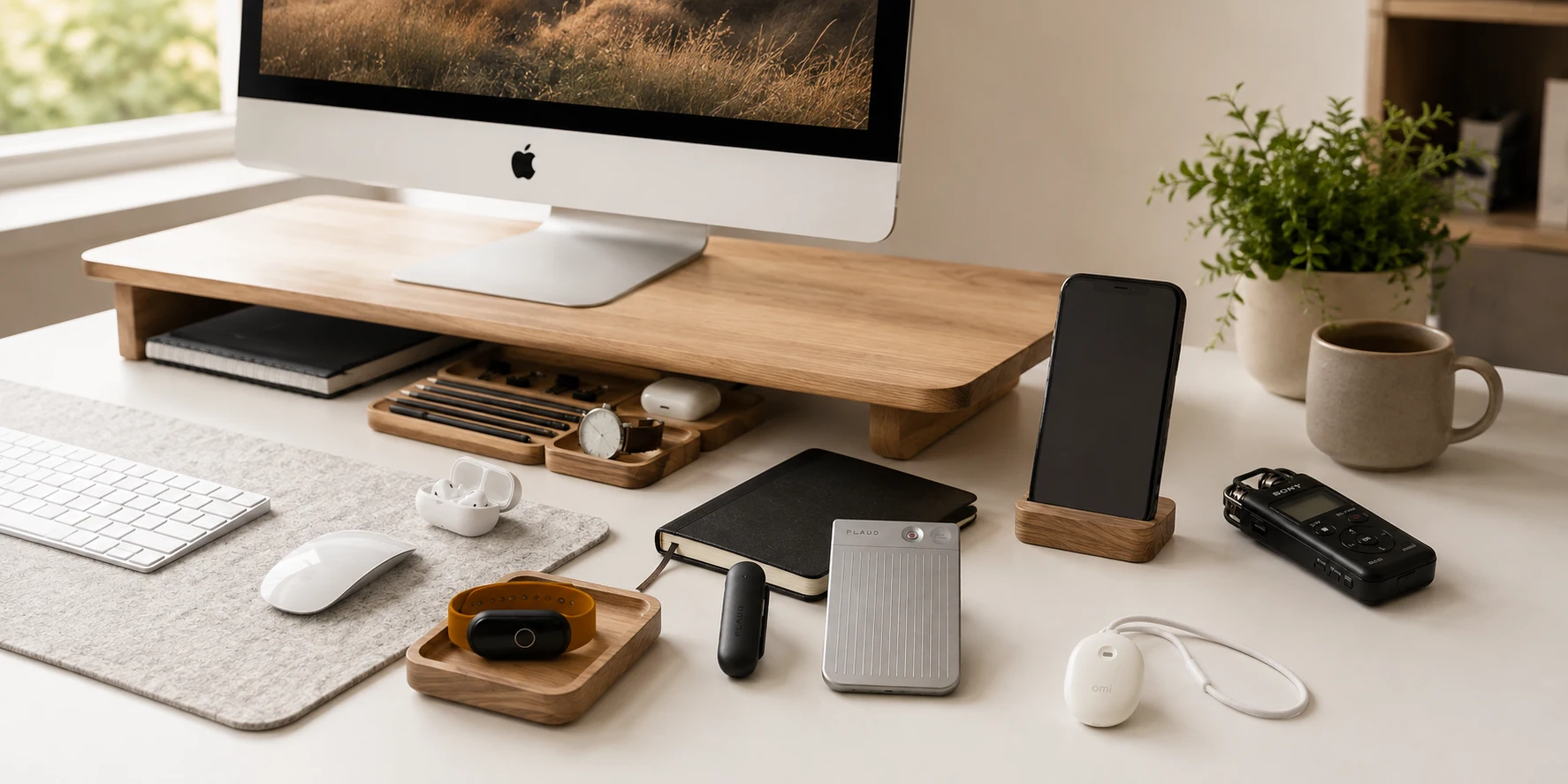 Illustrative home office with an iMac, Plaud recorders, Bee and Omi wearables, a phone, handheld recorder and AirPods naturally arranged on an oak and white desk.