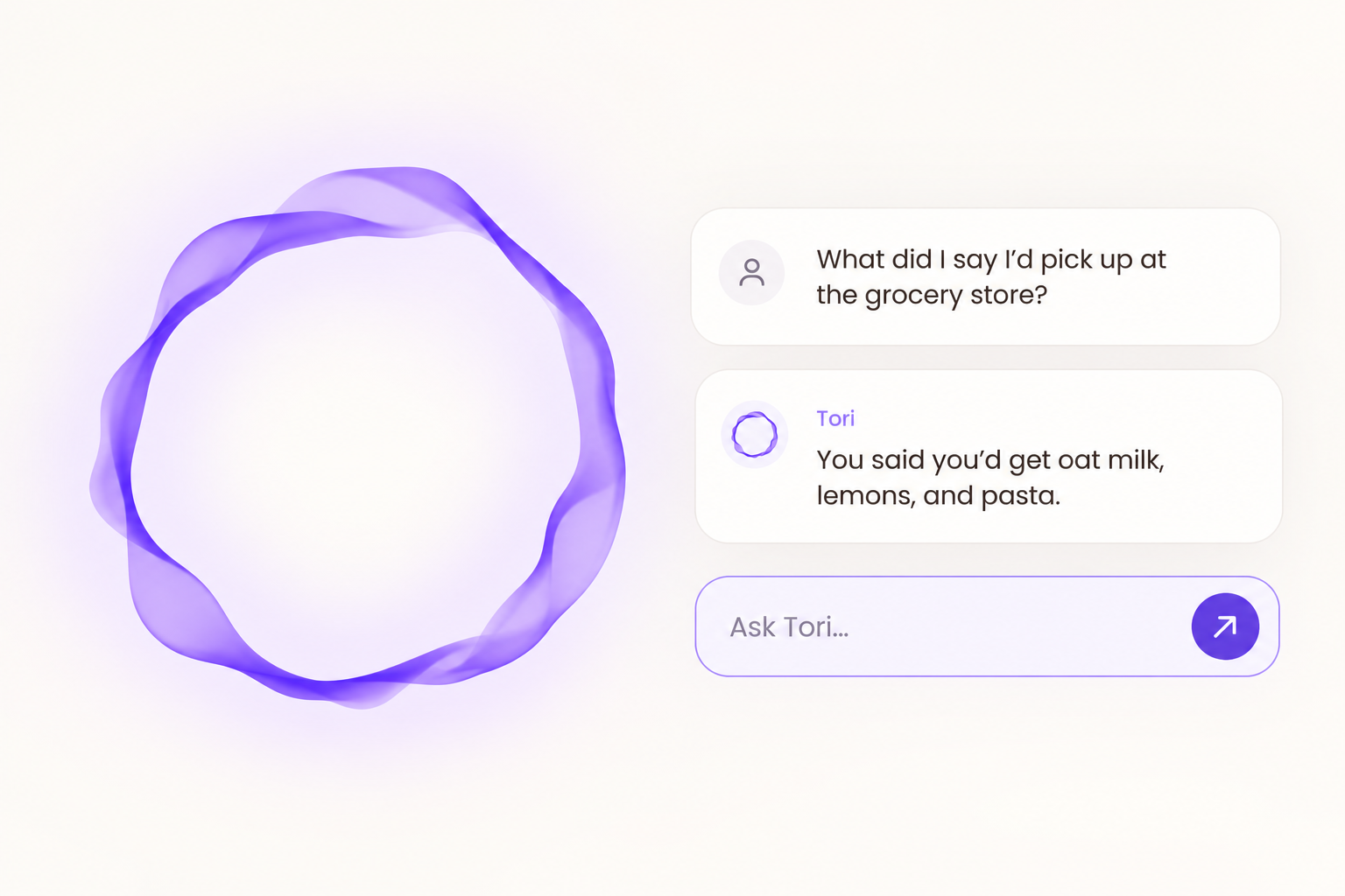 Illustrative Rintori companion mockup with a glowing purple Tori orb beside a fictional chat.